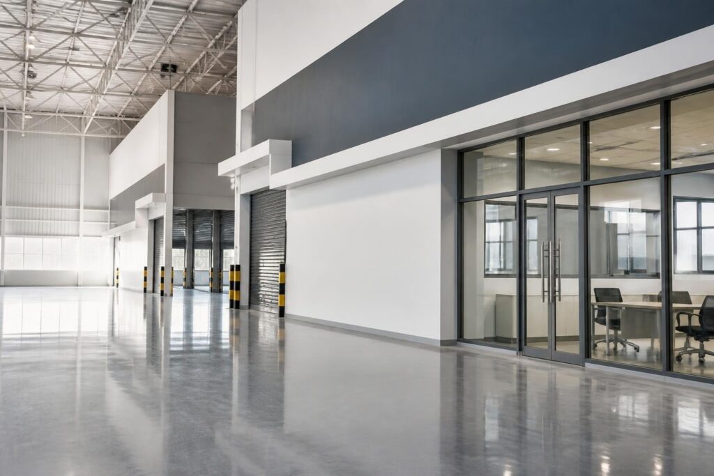 Freshly painted commercial building interior with a seamless epoxy floor