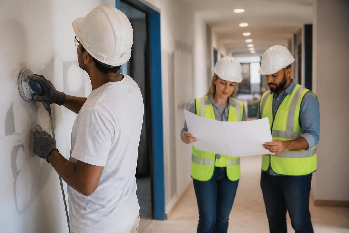 Painter preparing interior walls while site managers review a commercial painting plan